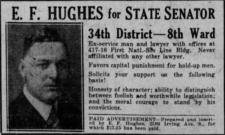 Print advertisement for Edward Hughes' 1926 SD 34 primary campaign