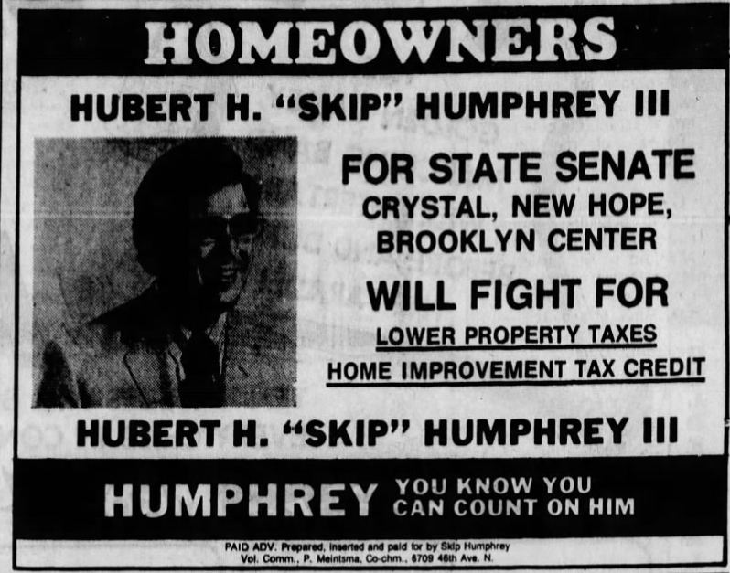 Print advertisement for Hubert H. Humphrey III's 1972 SD 44 general election campaign.
