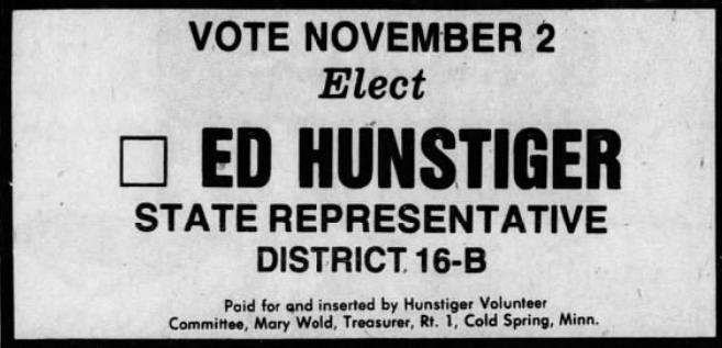 Print advertisement for Edmond J. Hunstiger's 1976 HD 16B general election campaign