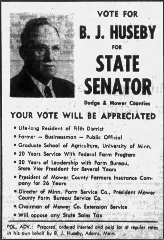 Print advertisement for Bennie Huseby's 1954 SD 05 general election campaign