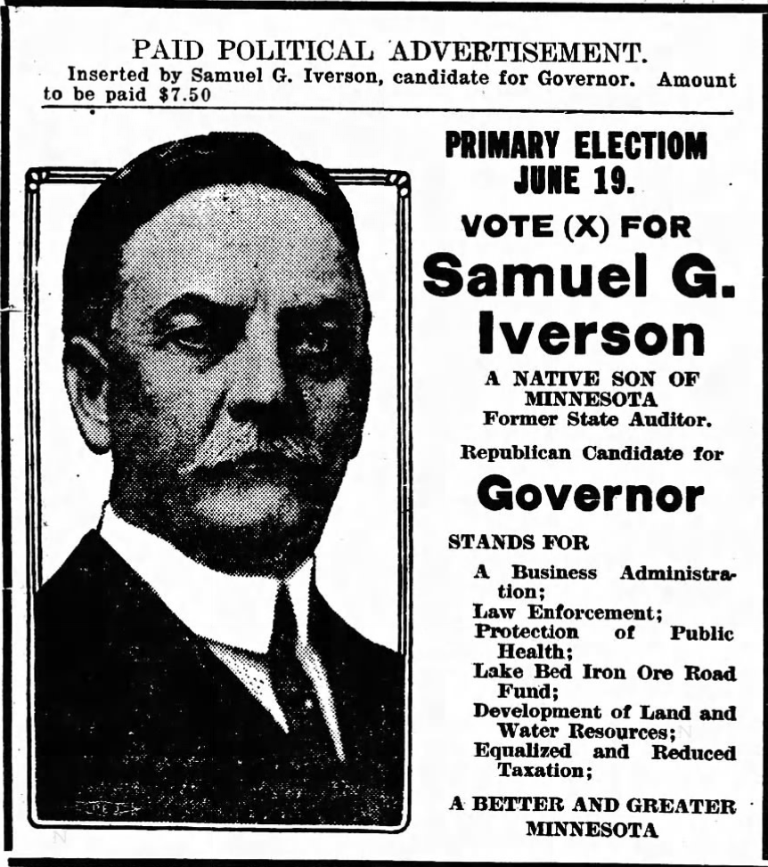 Print advertisement for Samuel Iverson's 1916 Republican gubernatorial primary campaign