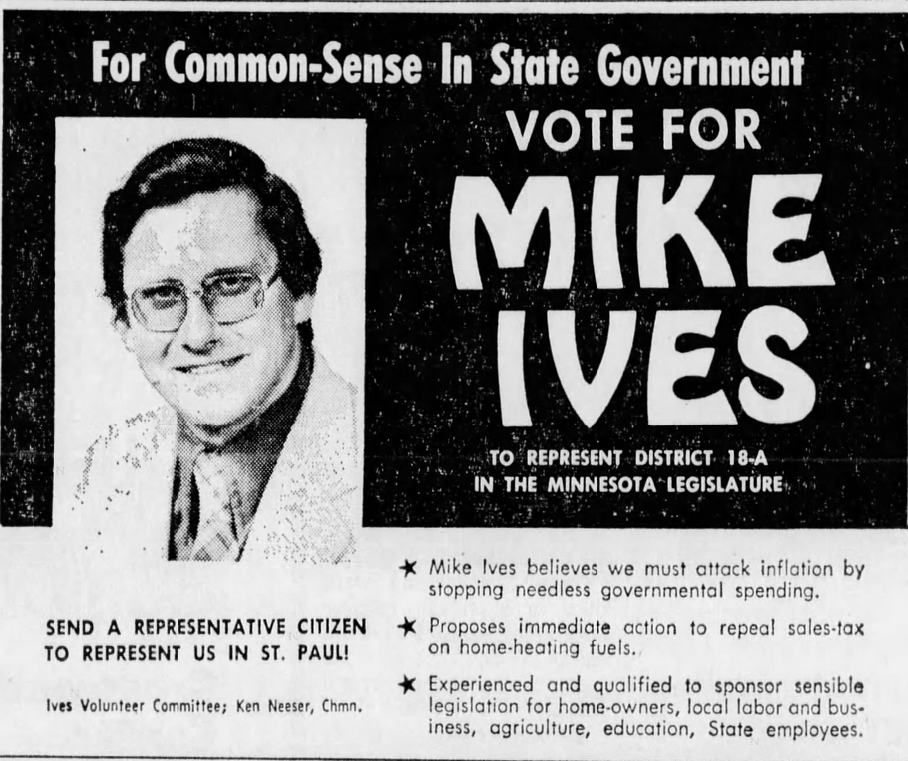 Print advertisement for Mike Ives' 1974 HD 18A general election campaign