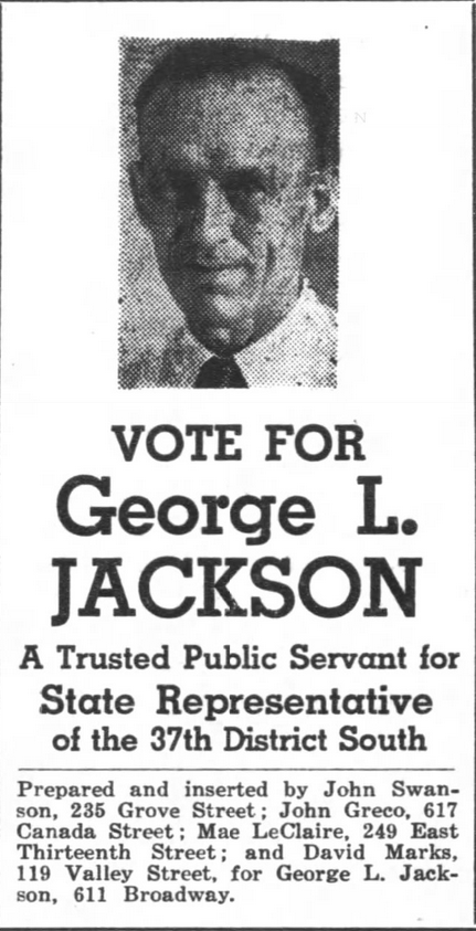 Print advertisement for George L. Jackson's 1944 HD 37 general election campaign