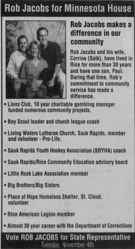 Print advertisement for Rob Jacobs' 2008 HD 14A general election campaign