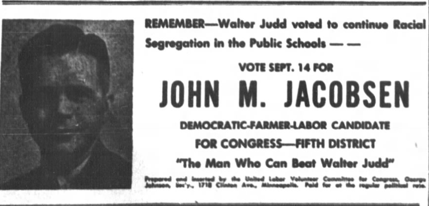 Print advertisement for John M. Jacobsen's 1948 CD 05 DFL primary campaign.