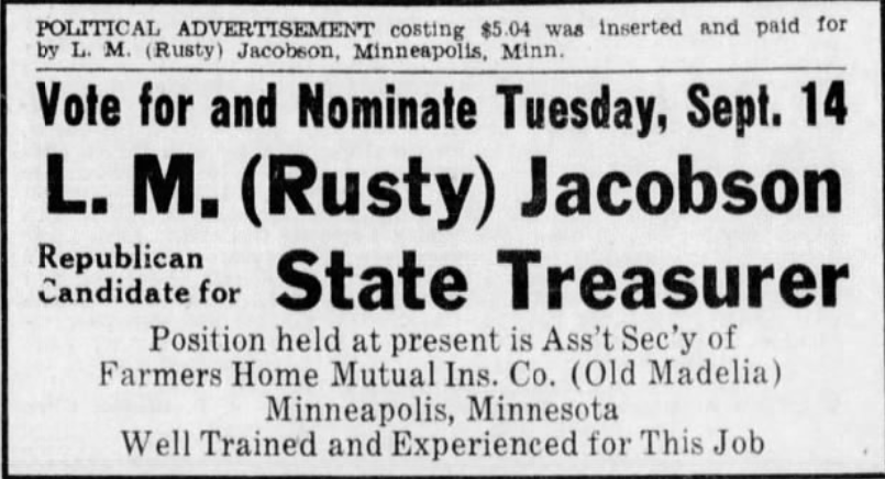Print advertisement for Lorentz Jacobson's 1954 Republican primary campaign for Treasurer