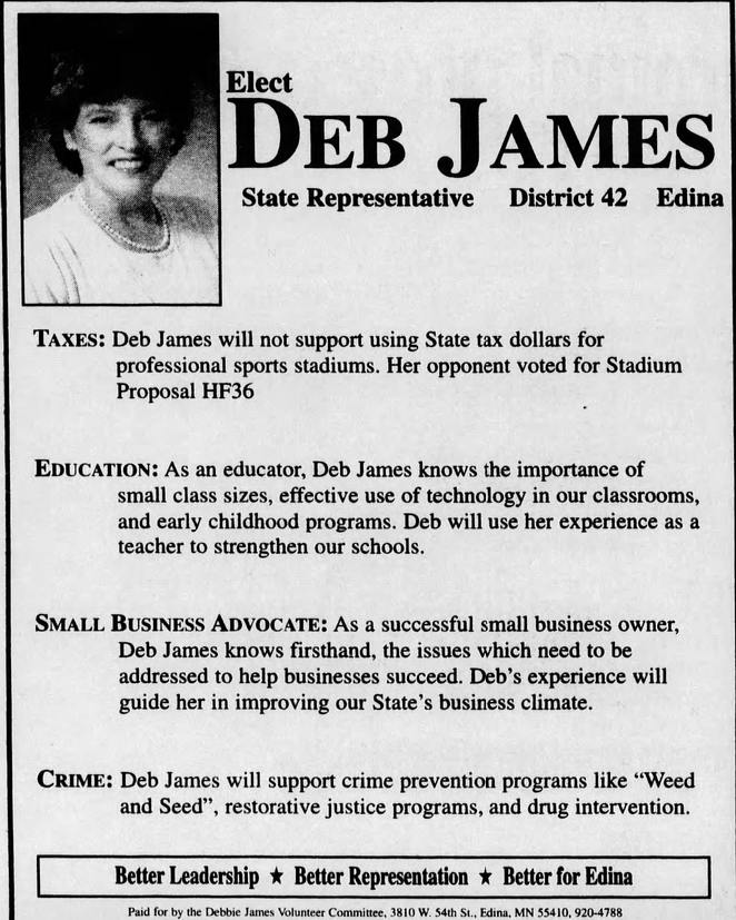 Print advertisement for Debbie James' 1998 HD 42A general election campaign