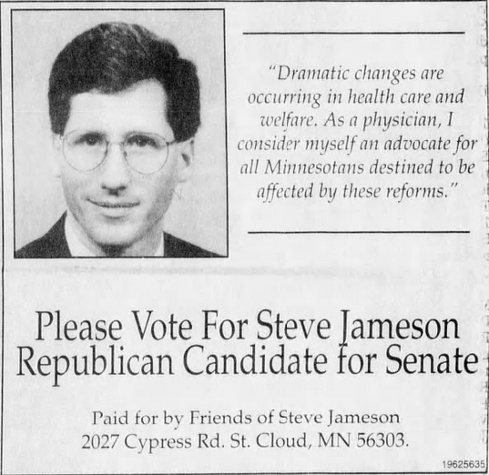 Print advertisement for Steve James' 1996 SD 14 special primary campaign