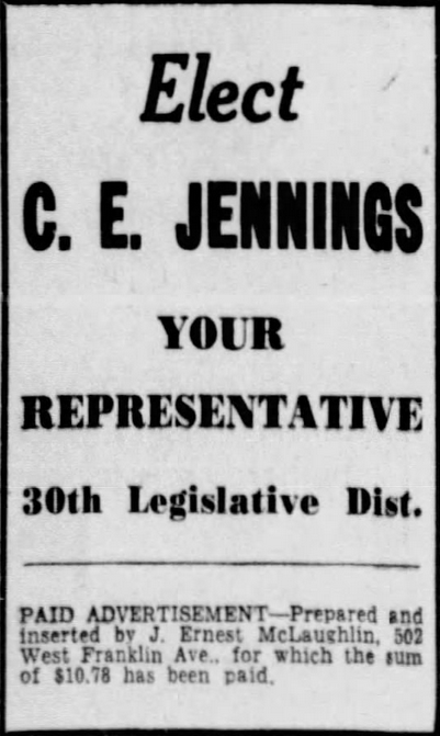 Print advertisement for Charles Jennings' 1936 HD 30 general election campaign