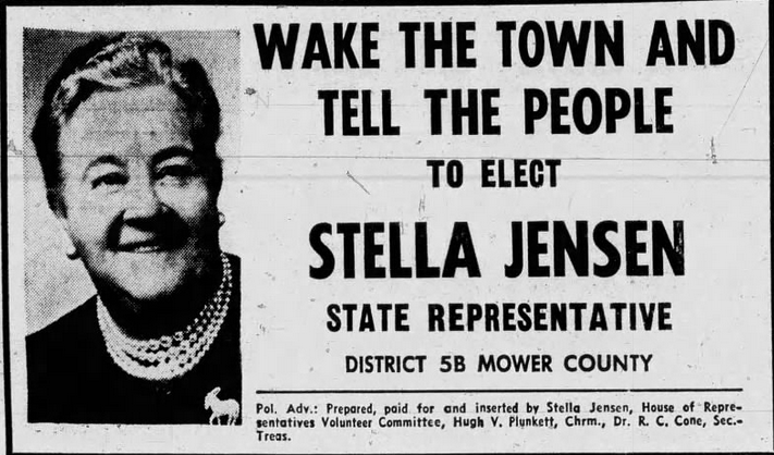 Print advertisement for Stella Jensen's 1966 HD 05B general election campaign