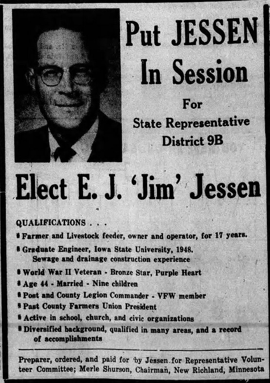 Print advertisement for Ellis Jessen's 1968 HD 09B general election campaign