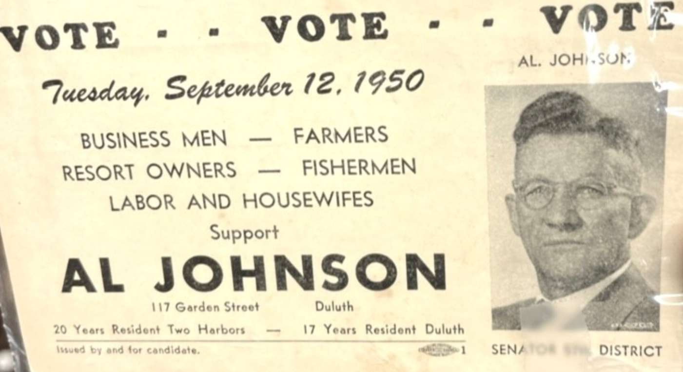 Campaign card for Alfred L. Johnson's 1950 HD 57 primary election campaign