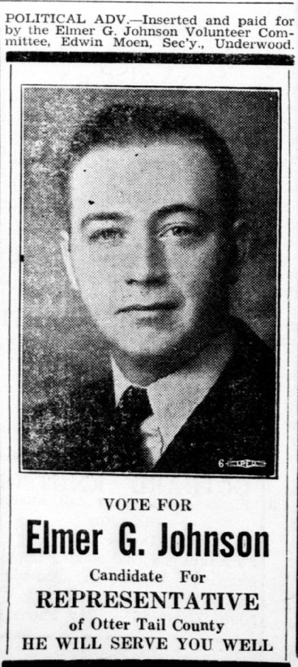 Print advertisement for Elmer G. Johnson's 1938 HD 50 primary campaign