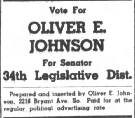 Print advertisement for Oliver E. Johnson's 1946 HD 34 general election campaign