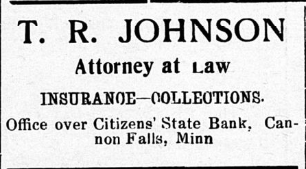 Print advertisement for Thore Johnson's law practice