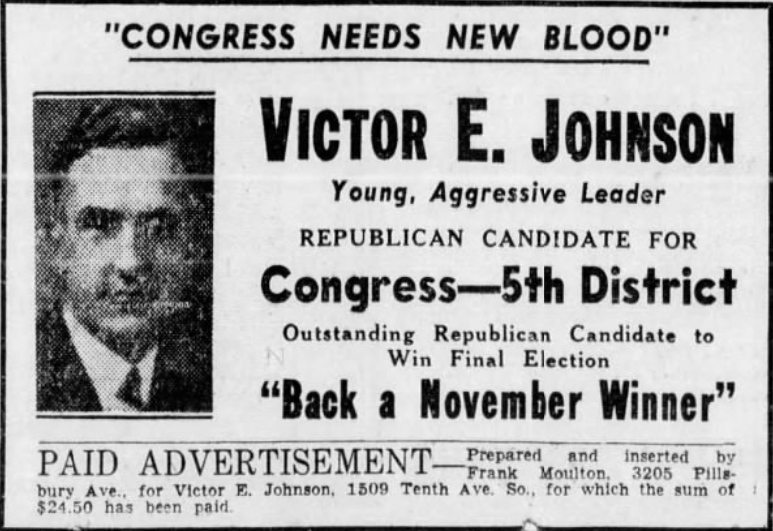 Print advertisement for Victor Emanuel Johnson's 1936 CD 05 primary campaign.