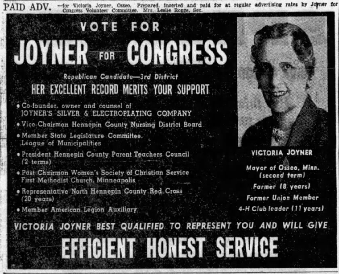 Print advertisement for Victoria K. Joyner's 1956 CD 03 primary campaign.