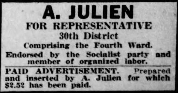 Print advertisement for A. Julien's 1922 HD 30 primary election campaign