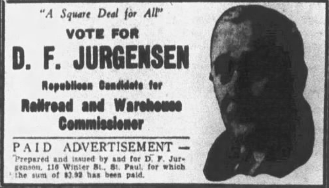 Print advertisement for Delbert Jurgensen's 1940 Railroad and Warehouse Commissioner Republican primary campaign.
