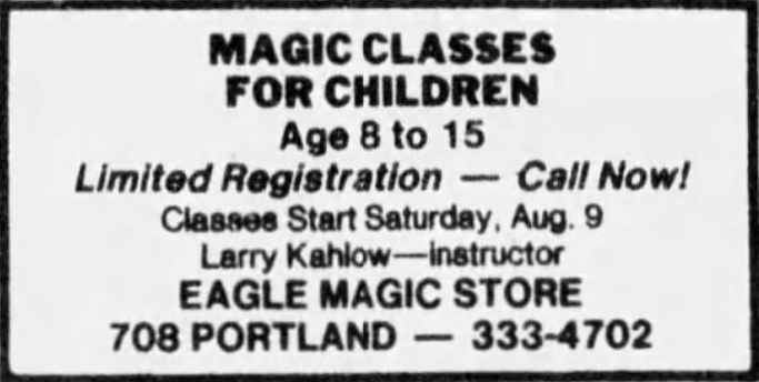 Print advertisement for Larry John Kahlow's magic store business