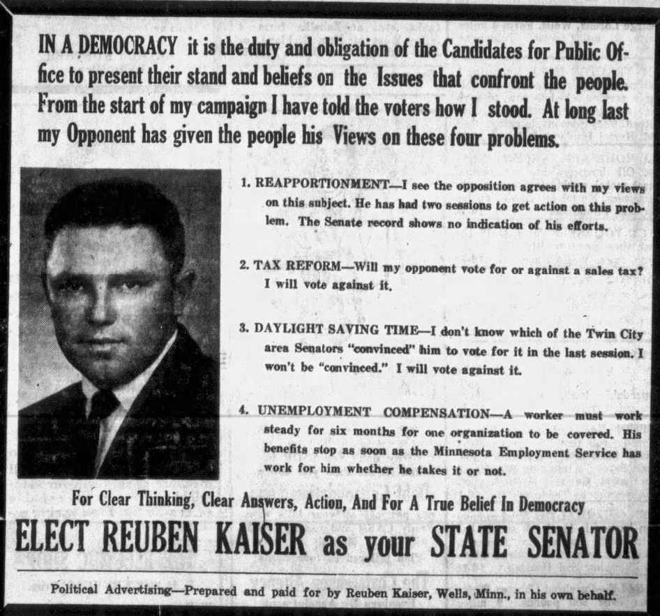 Print advertisement for Reuben Kaiser's 1958 SD 07 general election campaign