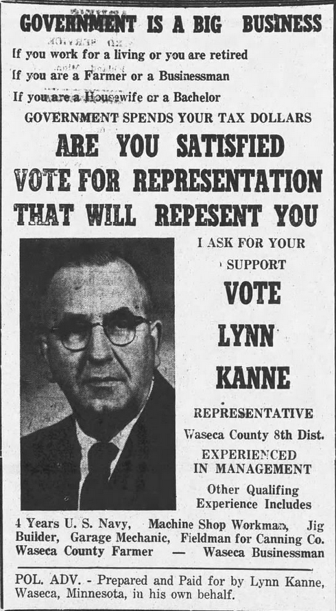 Print advertisement for Lynn Kanne's 1962 HD 08 general election campaign