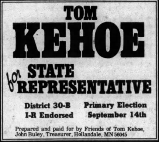 Print advertisement for Tom Kehoe's 1982 HD 30B primary election campaign