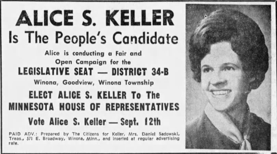Print advertisement for Alice S. Keller's 1972 HD 34B primary election campaign