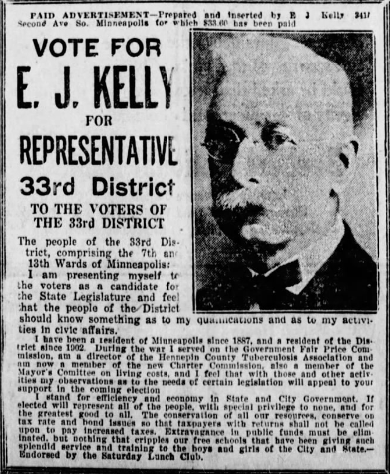 Print advertisement for Edward Kelly's 1920 HD 33 general election campaign