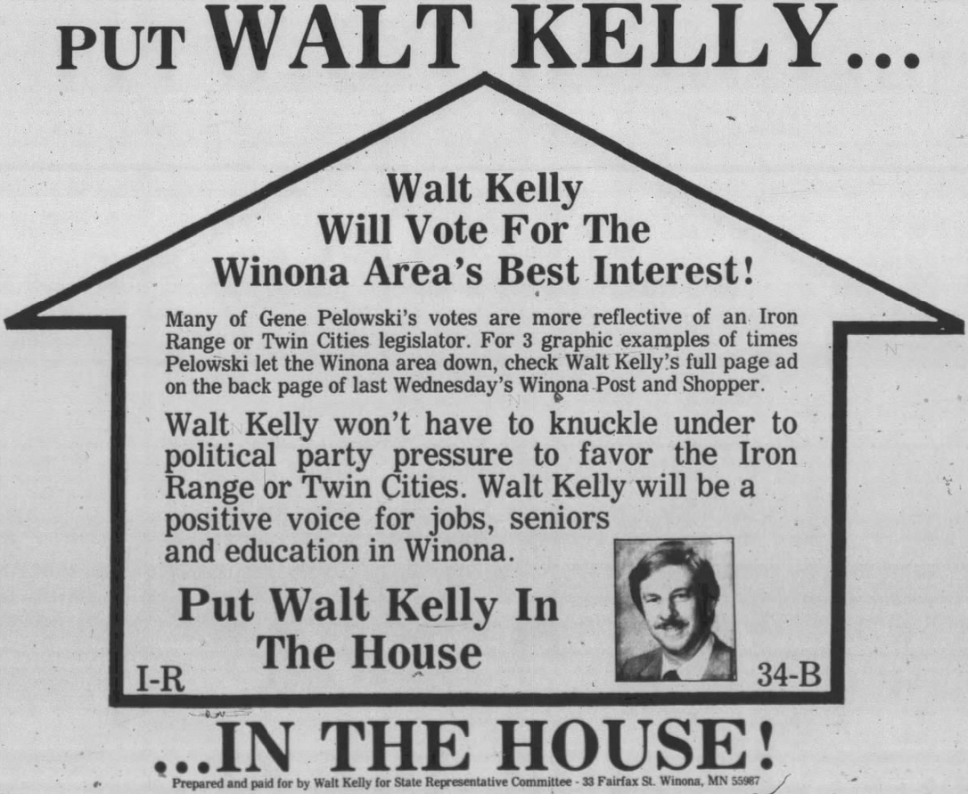 Print advertisement for Walt Kelly's 1990 HD 34B general election campaign