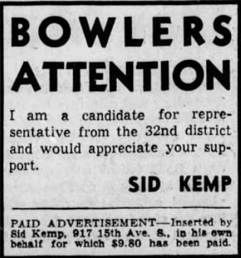 Print advertisement for Sid Kemp's 1938 HD 32 primary election campaign