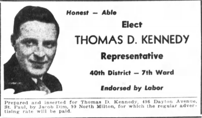 Print advertisement for Thomas D. Kennedy's 1950 HD 40 general election campaign