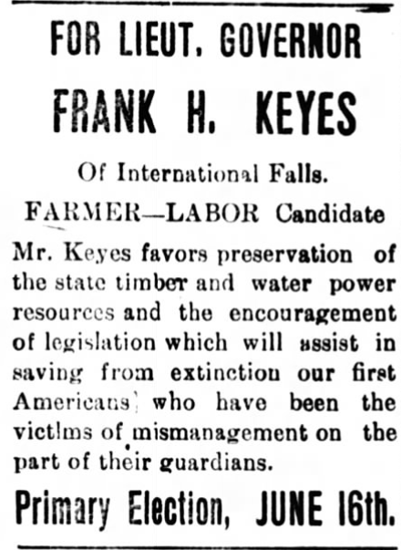 Print advertisement for Frank H. Keyes' 1924 Lieutenant Governor Farmer-Labor primary campaign
