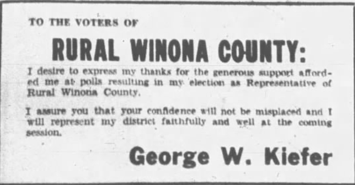 Print advertisement by George W. Kiefer after winning the 1936 HD 02 general election.