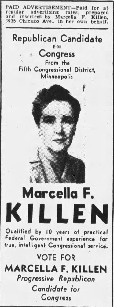 Print advertisement for Marcella F. Killen's 1946 CD 05 Republican primary campaign