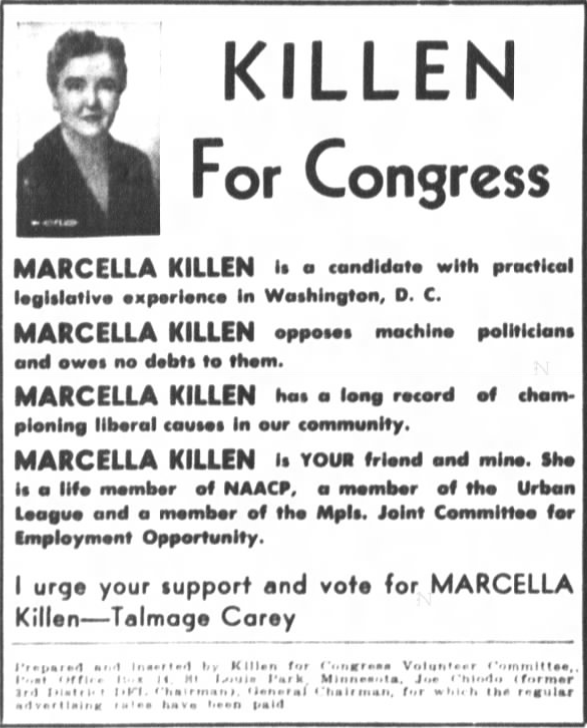 Print advertsement for Marcella F. Killen's 1952 CD 03 DFL primary campaign.