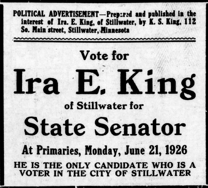 Print advertisement for Ira E. Kings 1926 SD 43 primary election campaign