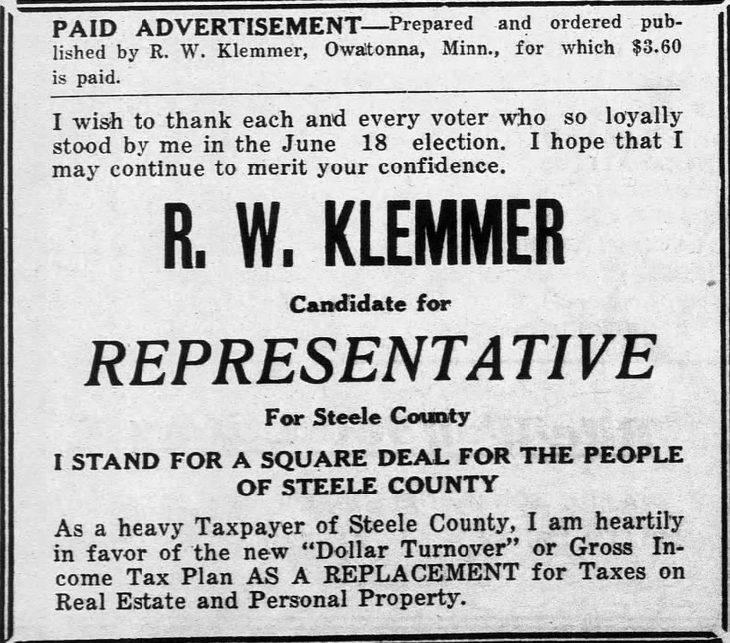 Print advertisement for Richard Klemmer's 1934 HD 16 general election campaign
