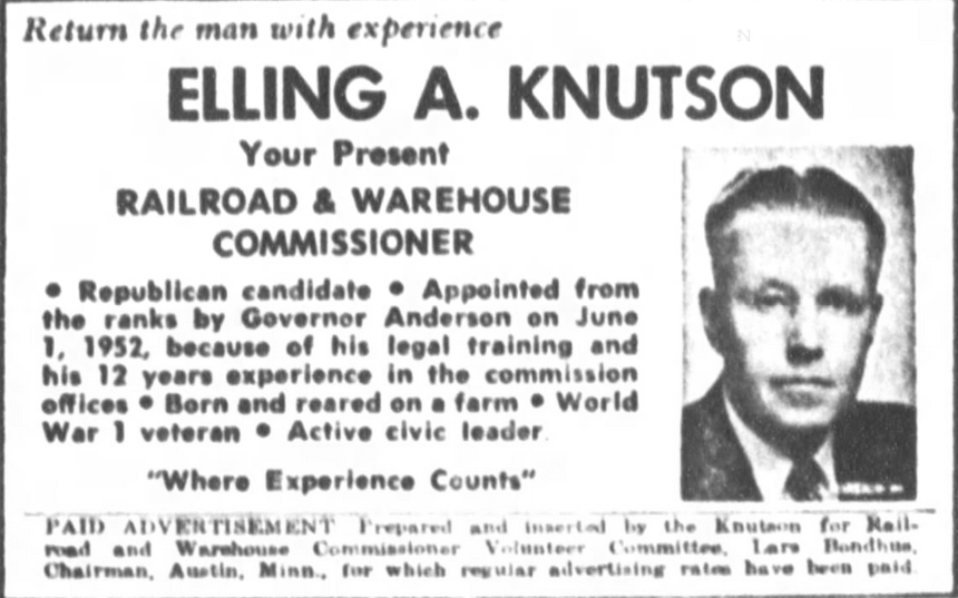 Print advertisement for Elling A. Knutson's 1952 Railroad and Warehouse Commissioner Republican primary campaign