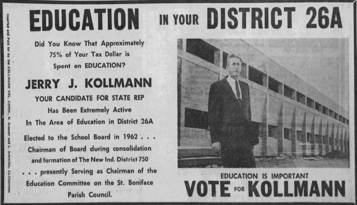 Print advertisement for Jerry Kollman's 1968 HD 26A general election campaign