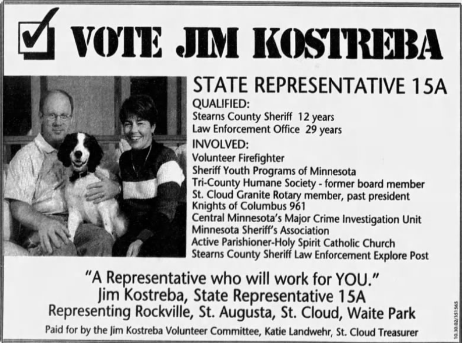 Print advertisement for Jim Kostreba's 2002 HD 15A general election campaign