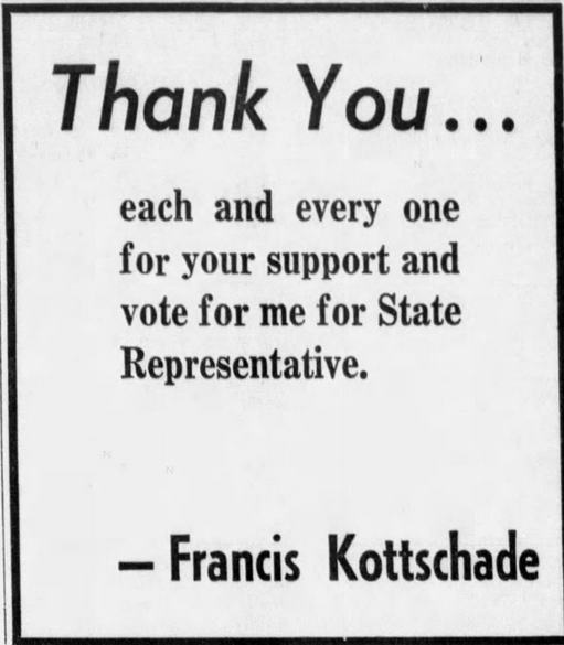 Print advertisement for Francis Kottschade's 1971 HD 02B special election campaign