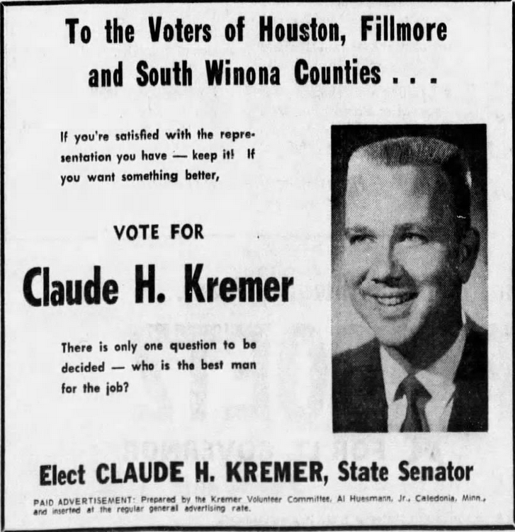 Print advertisement for Claude H. Kremer's 1966 SD 01 general election campaign