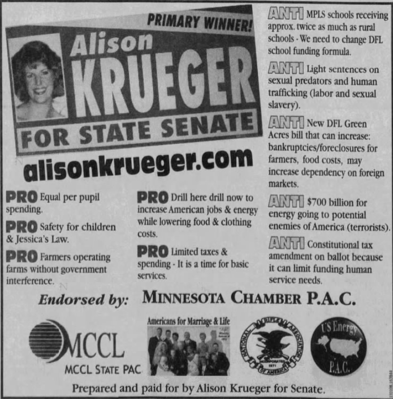 Print advertisement for Alsion Krueger's 2008 SD 16 general election campaign