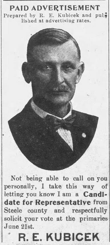 Print advertisement for Rudolph Kubicek's 1920 HD 16 primary election campaign