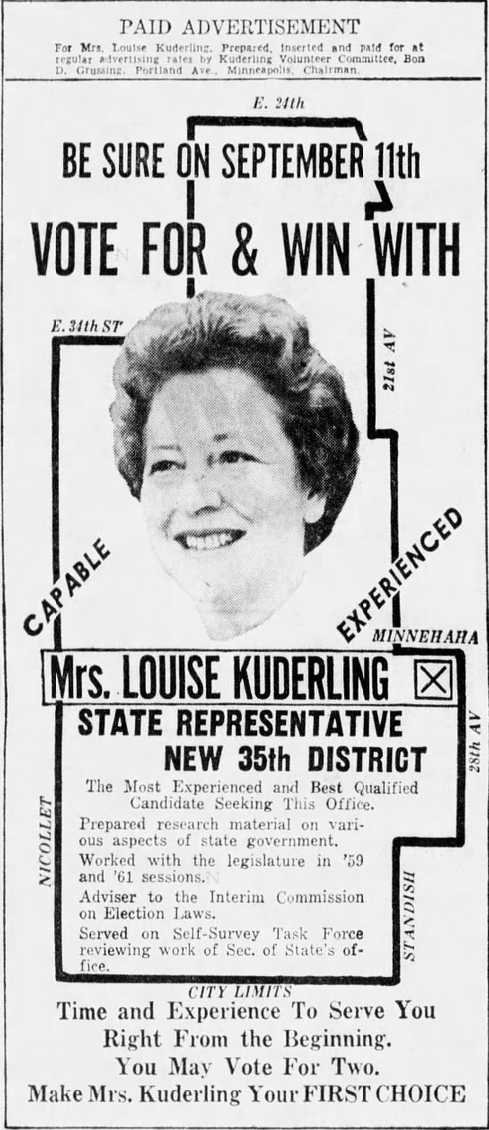 Print advertisement for Louise Kuderling's 1962 HD 35 general election campaign