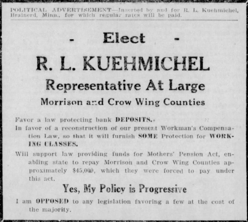 Print advertisement for Roy Kuehmichel's 1926 HD 53 general election campaign