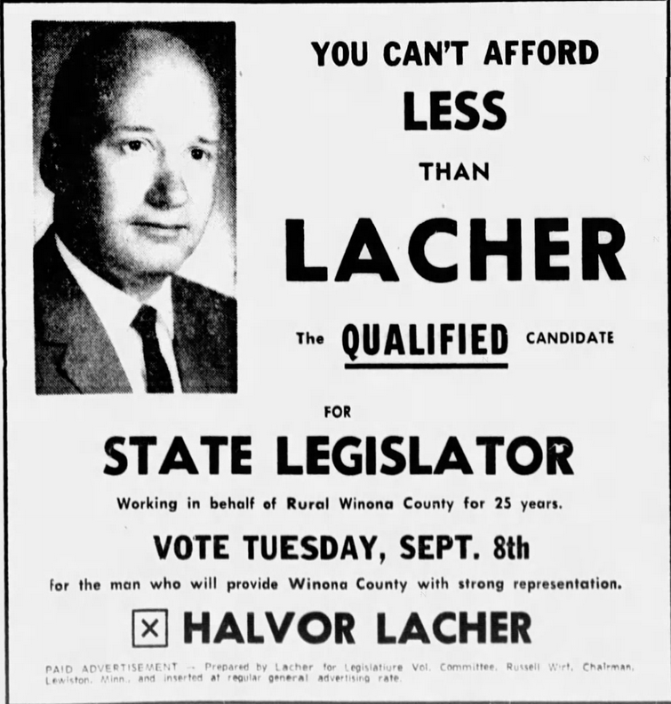 Print advertisement for Halvor Lacher's 1964 HD 02 primary election campaign