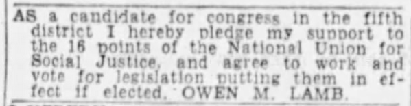 Print advertisement for Own M. Lamb's 1936 CD 05 Democratic primary campaign.
