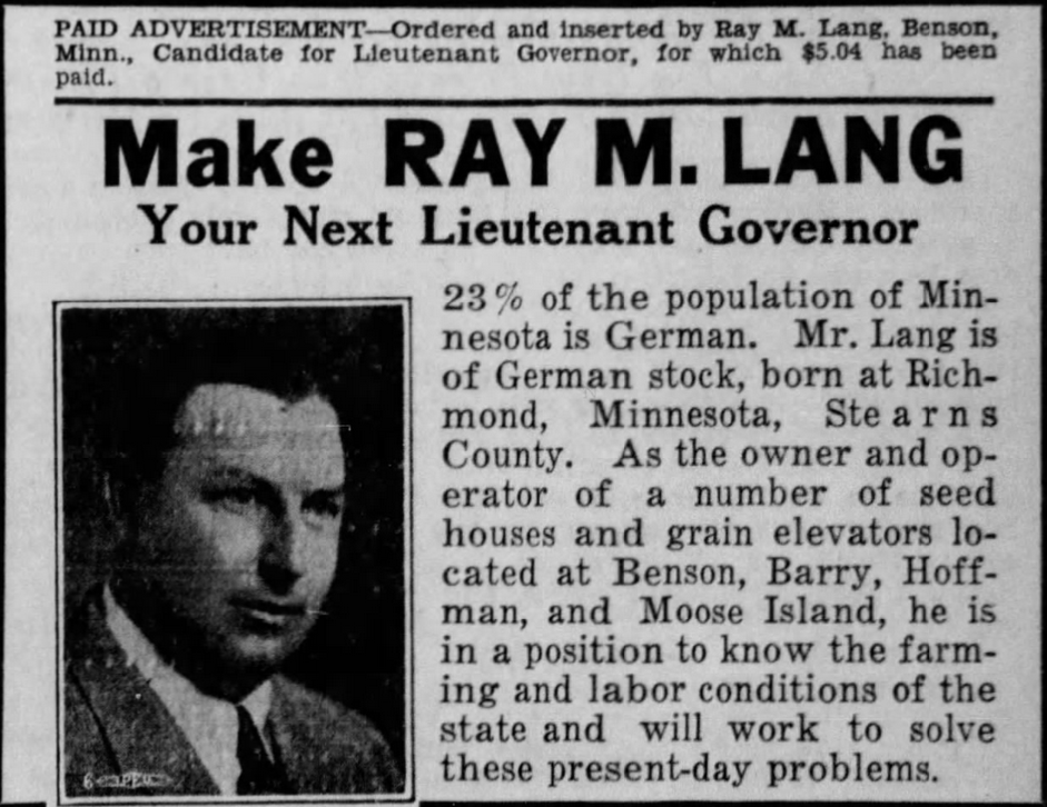 Print advertisement for Ray M. Lang's 1938 Democratic primary campaign for Lieutenant Governor